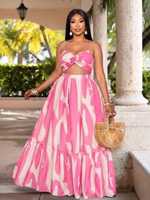 SOLERSUN Women's Plus Size Elegant Casual Sleeveless Romantic Floral Printed Beach Vacation Twist-Knot Cinched Waist A-Line Dress Maxi Women Outfit With Spaghetti Straps, Spring And Summer For Summer Hawaii,Summer Dresses For Women,Tea Party Dress(Random Floral Print Cut) - Pink - View 3