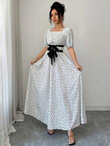 Elenzga Vestido maxi de manga abullonada con cuello cuadrado, cintura con lazo y falda en línea A, de lino con estampado floral minimalista y elegante, ideal para uso casual, vacaciones, fiestas en la playa y eventos formales - Albaricoque - Ver 6