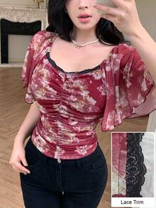 Modelyn Áo thun mùa hè thanh lịch, chất liệu lưới, in hoa, viền ren, kiểu dáng lưới, thích hợp cho kỳ nghỉ. - Màu Đỏ Sâu - Xem 1