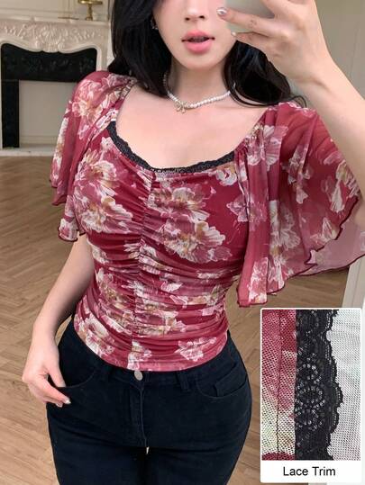 Modelyn Áo thun mùa hè thanh lịch, chất liệu lưới, in hoa, viền ren, kiểu dáng lưới, thích hợp cho kỳ nghỉ.