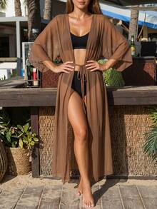 SHEIN Swim Summer Beach Lettuce Trim Belted Kimono Without Bikini Set - Brown - View 6