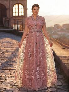 Serin Plus Size Elegant Dusty Pink Summer Wedding Formal Dress,Short Sleeve French Embroidered Mesh Pearl Crystal Decor A-Line Mother Of The Bride Gown - Dusty Pink - View 5