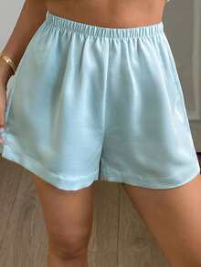 DAZY Quần short satin tối giản dành cho nữ, đồ ngủ mùa hè. - Màu xanh lam - Xem 8