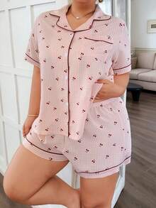 Napfluff CURVE Napfluff CURVE Plus Size Pink Plaid Cherry Print Lapel Short Sleeve Pajama Set - Pink - View 3