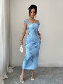 Elenzga Đầm midi nữ thanh lịch, lãng mạn, thêu ren, xếp ly, thích hợp cho mùa cưới, tiệc tùng, hẹn hò, dạo phố thường ngày (Thêu ngẫu nhiên) - Màu xanh lam - Xem 6