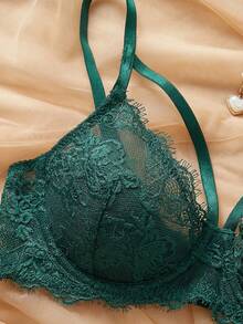 SHEIN 2pcs/Set Lace Underwire Bra Set For Women - Dark Green - View 5