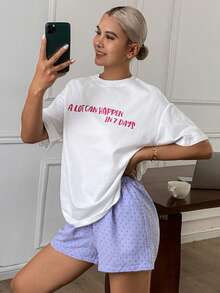 DAZY Women's Letter Print Top And Polka Dot Print Shorts Pajama Set - White - View 6