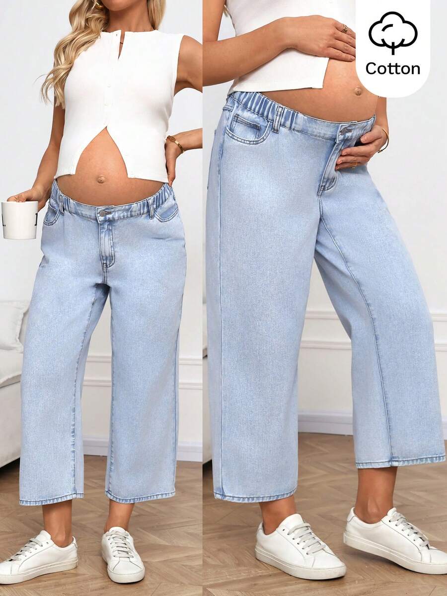 SHEIN 孕妇休闲通勤低腰直筒七分牛仔裤夏季嘉年华服装通勤度假毕业时尚Y2K可爱街头风性感派对婚礼优雅商务休闲女装商务海滩毕业大码时尚孕妇牛仔裤浅色水洗弹力腰阔腿九分牛仔裤