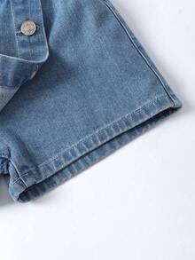 Playful Pals 女童时尚不对称纽扣前开襟舒适松紧腰卡通彩虹毛毛虫刺绣裙裤，百搭又可爱 - 淺色水洗藍 - 查看 5