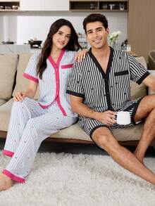 CoupledUp Men's Casual Striped & Heart Print Short Sleeve Shorts Pajama Set, Summer Loungewear - Black - View 3