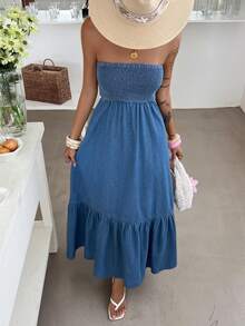 Livesso Women's Casual Vacation Strapless Denim Dress Summer Boho - Medium Wash - View 8