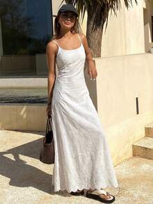 Spring & Summer Lace Hollow-Out Jacquard White Spaghetti Strap Dress, Casual Vacation Beach Midi Dress For Women Sundress - White - View 2