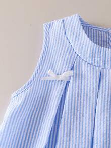 Conjunto de top sin mangas con lazo a rayas y pantalones rectos sueltos para niña, conjunto de vestir elegante para uso diario en primavera/verano - Azul - Ver 3