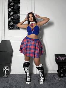 Whyspr Plus Size Women's Red & Blue Plaid Camisole Crop Top And Mini Skirt 2-Piece Set, Sexy Matching Outfit For Summer - Multicolor - View 6