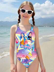Tween Girl Letter & Cartoon Print One-Piece Swimsuit, Suitable For Beach Vacation, Pool Party, Beach Party - Multicolor - View 3