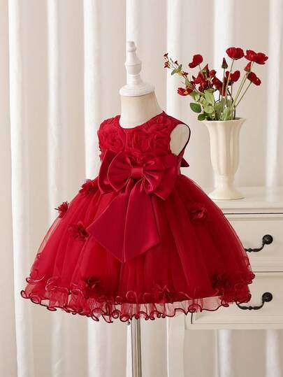 Glamorique Kids Đầm dự tiệc thời trang cho bé gái, họa tiết hoa 3D, nơ thắt cổ, chất liệu lưới, phối nhiều mảnh.