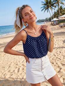 SHEIN LUNE Women Polka Dot Printed Fold Pleated Cami Top For Summer,Casual - Navy Blue - View 3