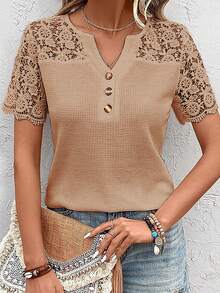 SHEIN LUNE Kaos Kasual Lengan Pendek Leher V dengan Detail Renda Warna Polos untuk Wanita - Khaki - View 4