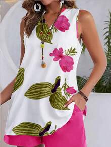 Plus Size 2pcs/Set Floral Print Sleeveless Top And Shorts, Vacation/Casual Outfit - Multicolor - View 5