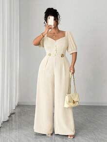 Elenzga Bộ jumpsuit dáng rộng, thanh lịch, cổ vuông, tay ngắn, cài cúc kim loại, thích hợp cho mùa xuân/hè, đi học, nghỉ lễ, tốt nghiệp, Ngày lễ tình nhân, Giáng sinh, lễ hội âm nhạc, Ngày của Mẹ, Halloween, Lễ Tạ ơn, Lễ Phục sinh, Ngày Quốc khánh, dạ hội, tiệc hẹn hò, mùa cưới, dã ngoại. - Màu be - Xem 8