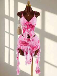 Amplova Ruffled Heart Neck Sleeveless Backless Crop Top & Ruffled Low Waist Asymmetric Mini Skirt Set - Pink - View 6