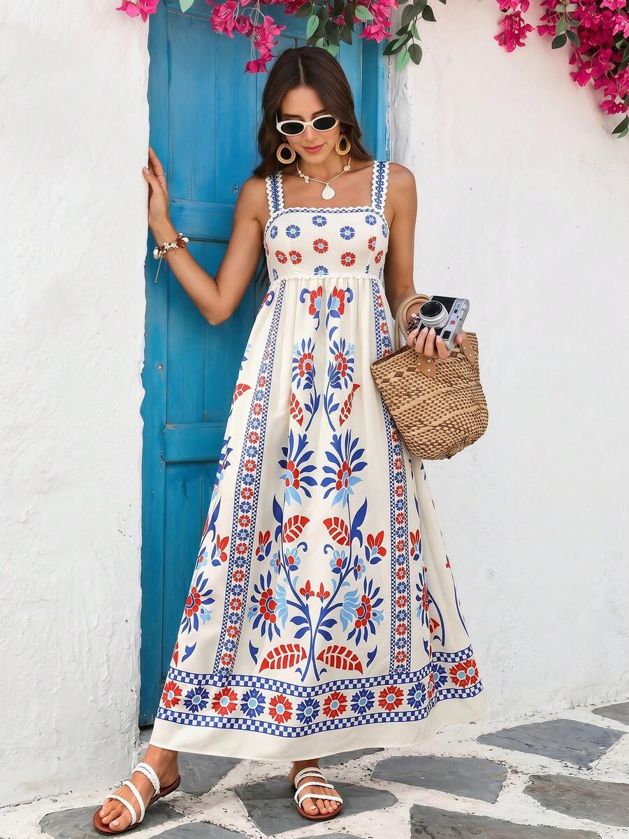 Women's Elegant Romantic Vacation Spaghetti Strap Dress, Suitable For Spring/Summer Casual Wear & Beach Outfits - Blue and White - View 1