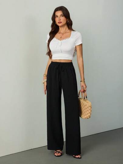 SHEIN Tall 女士纯色休闲直筒裤 冬季黑色春季款