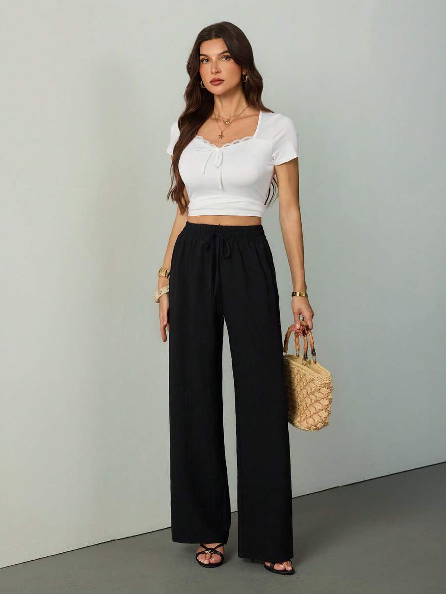 SHEIN Tall Women's Solid Color Casual Straight-Leg Pants Winter Black Spring - Black - View 1