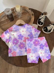 Baby Girl Casual Cute Floral Print Set, Lavender, Round Neck Short Sleeve T-Shirt And Leggings, Suitable For Spring And Summer - Multicolor - View 3