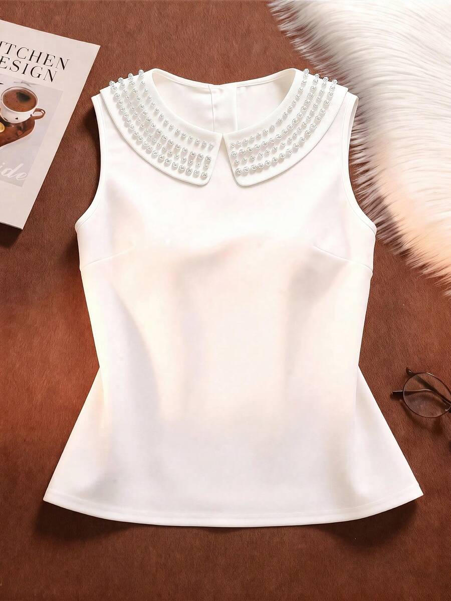 Áo tank top không tay cổ tròn đính hạt cườm, chất liệu vải dệt kim co giãn, cỡ lớn, thanh lịch cho các buổi đi chơi, đi làm, hẹn hò và tụ họp. - trắng - Xem 1