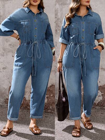 EMERY ROSE Mature Denim Plus Size Women Tie-Up Ruched Casual Everyday Denim Jumpsuit