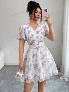 Modelyn Vestido corto con estampado digital fruncido de diseño francés para mujeres - Morado - Ver 5