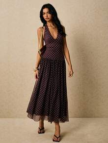 Poéselle Women's Polka Dot Print Casual Sleeveless Long Dress - Brown - View 3