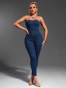 SHEIN SXY Solid Color Backless Tube Top Jumpsuit, Fashionable For Summer - Blue - View 6