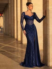 Glamrae Luxurious Elegant Embroidered Sequin Lace Satin Splice Fishtail Skirt, Side Slit Evening Dress With Drape,Perfect For Weddings,Parties&Galas - Navy Blue - View 5