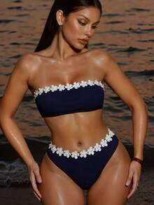 Women Swimwear Summer Beachwear Cute Floral Patched Bandeau Two Pieces Bathing Suit - Navy Blue - View 6