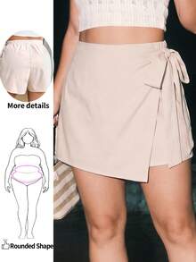 Enliva Plus-Size Casual Bow-Tie Shorts, Cotton And Linen Stretch Waist Skort For Women, For Apple And Rounded Body Shape Gym Brown Summer - Apricot - View 1