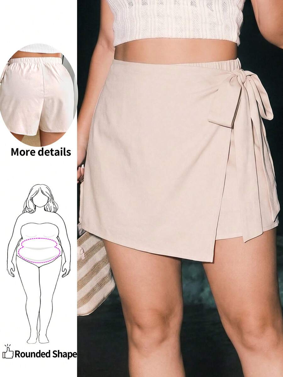 Enliva Plus-Size Casual Bow-Tie Shorts, Cotton And Linen Stretch Waist Skort For Women, For Apple And Rounded Body Shape Gym Brown Summer - Apricot - View 1