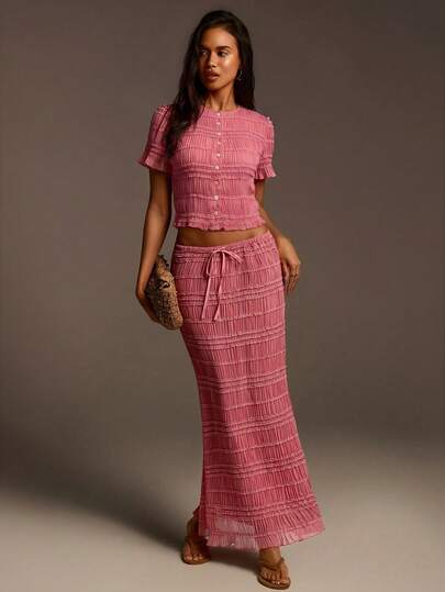 Athîral Pleated Chiffon Midi Skirt 2 Pieces Set, Pink Two Piece Set, Two Piece Skirt Set