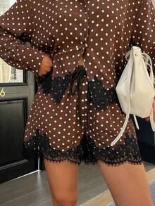 Siren Gaze Women's Vintage Brown And White Polka Dot 2 Pieces Shorts Set,Lace Trim Button Up Shirt And Shorts,Summmer Brunch Holiday Outfit Tea Party,Elegent - Brown - View 6