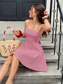 SHEIN Frenchy 女士格子露背系带迷你连衣裙 - 彩色 - 查看 4