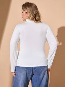 Hourglow Plus Size Solid Color Slim Fit High-Necked Long Sleeve All-Match T-Shirtbasic Tees Plus Size White Tops Plus Size Turtleneck Tops Plus Size Ribbed Knit Top; Plus Size Long Sleeve Top; Plus Size Ribbed Top,Fall Clothes For Women, For Hourglass Body Shape - White - View 2