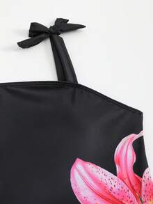 少女连体泳衣，可爱黑色碎花针织面料，带蝴蝶结装饰，两件套时尚休闲优雅淑女装，适合游泳、夏季度假、海滩、泳池、节日派对 - 黑色 - 查看 3