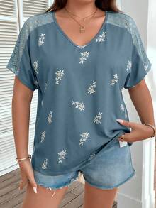 Lacomfia Plus Size Women's Spring/Summer Casual Elegant Printed Knit Fabric Patchwork Lace Fitted T-Shirt Tea Party Blue And White - Blue - View 4