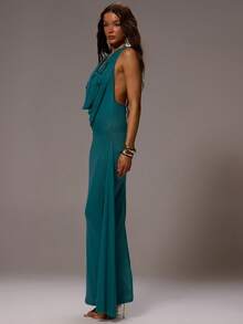 MUSERA 装饰垂褶前襟深V露背开衩长裙，春夏海滩度假性感可爱波西米亚风伊比沙岛音乐节海胆 - 藍色 - 查看 3