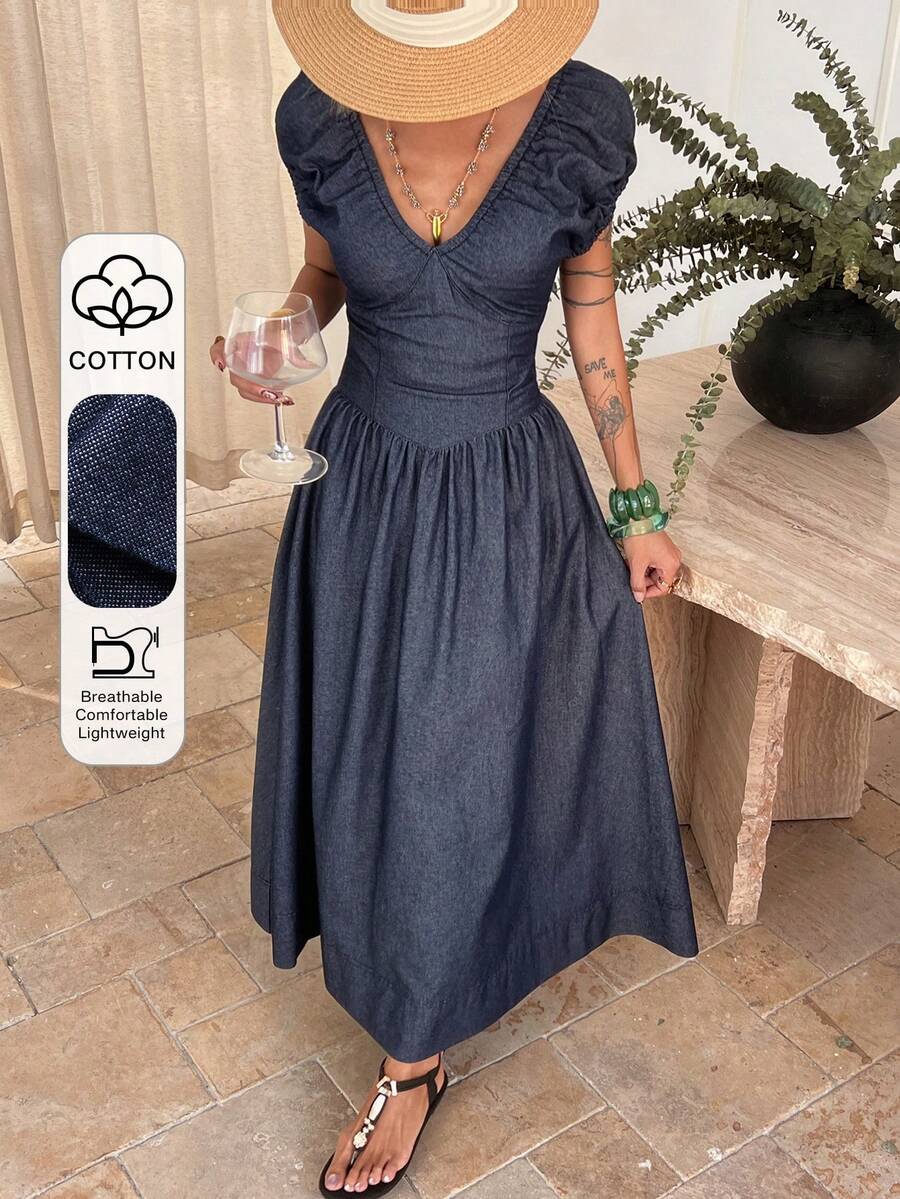 Livesso Vintage Washed Blue Casual Fitted Street Music Festival Chic V-Neck Waist Gathered Elegant Commute Women Denim Dress, Spring & Summer - Dark Wash - View 1