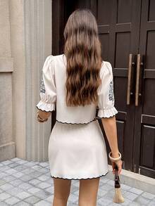 Serisse Women's Embroidered Boho Two Piece Set – Puff Sleeve Crop Top & Mini Skirt Summer Outfit Women's Vacation Casual Floral Print Shirt And Skirt 2 Pieces Set,Summer,Festival,Mother's Day,Party,Beach,Wedding,Graduation,Prom,Elegant,Casual,Vacation,Luxury,Formal,Country,Business,Chic, - Multicolor - View 2