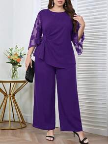 Reflora Plus Size Elegant Mesh Patchwork Top And Pants 2 Pieces Set - Purple - View 6
