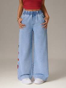 SHEIN PETITE 女士休闲水洗爱心刺绣阔腿牛仔裤 - 藍色 - 查看 4