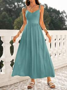 xheVivid Eden Vestido de playa suelto con cuello en V, espalda descubierta y cintura ceñida para mujeresxhe - Verde Claro - Ver 5